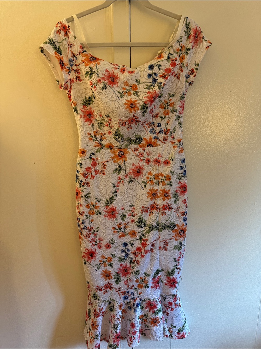 Guess White Floral Lace Midi Dress with Orange & Pink Blooms